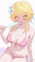 1girl 1girls bangs bare_shoulders bikini blonde_hair blush breasts cleavage collarbone female flower food front-tie_top genshin_impact hair_between_eyes hair_flower hair_ornament holding holding_food large_breasts looking_at_viewer lumine_(genshin_impact) navel neurotic_neko open_mouth pink_bikini pink_nails popsicle side-tie_bikini_bottom simple_background sitting solo swimsuit tongue tongue_out white_background white_flower yellow_eyes