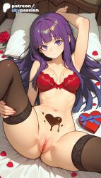 1girls 2026 ai_assisted ai_generated anime artist_name bangs bed bed_sheet blunt_bangs bouquet box bra breasts bust chocolate condom condom_wrapper explicit falling_petals female_genitalia fern_(sousou_no_frieren) flower frieren_beyond_journey's_end genitals gift gift_box happy_valentine heart-shaped_chocolate hi_res high_quality high_resolution highres laying_down legs_apart long_hair looking_at_viewer lying lying_on_back navel on_back on_bed patreon patreon_username petals pillow pink_rose purple_eyes purple_hair pussy red_bra red_flower red_rose rose rose_petals skypassion solo sousou_no_frieren spread_legs stable_diffusion thighhighs uncensored_pussy uncensored_vagina underwear valentine valentine's_day watermark white_rose