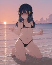 ai_generated aiyor areola areolae beach bikini blush cameltoe dawn_(pokemon) judging looking_at_viewer micro_bikini modeling nipple_slip ocean outdoors petite photoshoot pokemon pubic_hair see-through skeptical small_breasts sunset