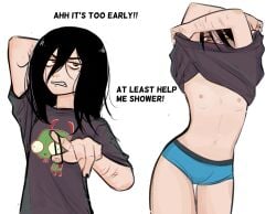 1girls 2d 2d_(artwork) alternate_version_at_source black-haired_female black_hair black_hair_female blank_background breasts_out chainsaw_man dialogue english_text female flat_chest flat_chested nayuta_(chainsaw_man) panties pointing pointing_at_viewer scars scars_on_arm self_harm_scars shirt_lift solo solo_female text undressing white_background yellow-eyed_female yellow_eyes yellow_eyes_female zero_dead_zone