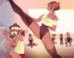 beauty_mark breasts canine captain_amelia cowering delbert_doppler disney exercise exercise_clothing feline female glasses gym johnny_bravo leotard mature_female otagoth philtomato rised_leg treasure_planet