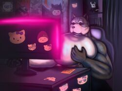 anthro breast_play breast_suck breasts canid canine canis domestic_dog female figurine gaming hello_kitty_(series) hi_res hollow_knight_(franchise) jaxon_(ketandslaycomics) ketandslaycomics mammal married married_woman minnie_(ketandslaycomics) muscular muscular_anthro pit_bull playing_video_game post-it_note poster sanrio solo sucking team_cherry watermark writing_text