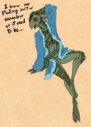 3_eyes 4_arms 4_fingers alien anthro bathrobe bathrobe_only blush clothed clothing dialogue elderly_female embarrassed english_text featureless_chest feet female fin fingers flat_chested genitals gills goa'uld hand_on_head head_fin looking_away membrane_(anatomy) multi_arm multi_eye multi_limb navel non-mammal_vulva open_bathrobe open_clothing pupils robe selmak sitting skimpy slim_anthro slim_female slit_pupils solo soulcentinel stargate text toes vulva webbed_feet webbed_hands yellow_eyes