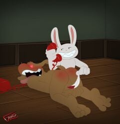 4_fingers anthro artist_name ass backsack balls black_nose blush brown_body brown_fur canid canine canis domestic_dog duo electronics feet fingers floor fur genitals glifer heart_eyes heart_symbol hi_res holding_feather holding_object holding_phone lagomorph leporid loose_feather male male/male mammal max_(sam_and_max) nude_anthro nude_male open_mouth open_smile phone rabbit sam_and_max samuel_dog smile soles tail teeth text tickle_fetish tickling tickling_balls tickling_genitalia white_body white_fur wood wood_floor