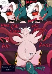 ahe_gao birth birth_counter demon demon_girl demon_horns demon_tail double_penis giving_birth glasses helltaker horse kissing nipple_penetration red_eyes sunglasses tally_marks tentacle theeyeofmonitor white_hair zdrada_(helltaker)