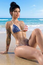 1female 1girls ai_generated american american_female american_flag_bikini beach bikini black_hair female female_focus female_only green_eyes original original_character sitting sitting_down smile smiling smiling_female solo solo_female tagme