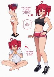 1girls ahoge black_panties blush bread closed_eyes crossed_legs drill_hair eating feet female food full_body ghelber0 hand_on_hip kasane_teto nike panties partially_clothed rear_view red_eyes red_hair shirt short_hair sports_bra sports_shorts sportswear twin_drills twintails underwear utau watch weighing_scale white_underwear