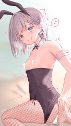 animal_ear_hairband animal_ears areola_slip armpit_crease black_bow black_leotard blue_eyes blurry blurry_background blush bow braid breasts clothes_pull collarbone commentary_request cum cum_in_pussy detached_collar fake_animal_ears feet_out_of_frame female fishnets hairband heart heart_in_eye highres leotard looking_at_viewer medium_hair motion_lines original parted_lips playboy_bunny rabbit_ear_hairband rabbit_ears raised_inner_eyebrows ramchi side_braid silver_hair-chan_(ramchi) single_braid sitting small_breasts small_sweatdrop straight_hair strapless strapless_leotard sweat symbol_in_eye tearing_up trembling wariza white_hair