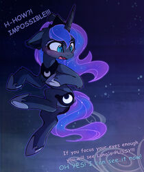 blue_eyes blue_fur blush cutie_mark dialogue embarrassed equine female feral friendship_is_magic fur hooves horn magnaluna mammal my_little_pony night outside princess_luna_(mlp) pussy reaction_image unicorn