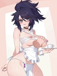 1boy 1girls animated apron big_breasts black_choker blue_eyes blue_hair bouncing_breasts breasts chest_sarashi choker cup disembodied_hand female glasses grabbing_another's_breast groping high_ponytail highres holding holding_tray indie_virtual_youtuber kson_onair lactating_into_container lactation large_breasts looking_at_viewer mixed-language_commentary nearly_naked_apron nipples pelvic_curtain ponytail purple_hair purple_nails sarashi solo_focus speech_bubble sweat thighs translation_request tray virtual_youtuber vtuber waterring