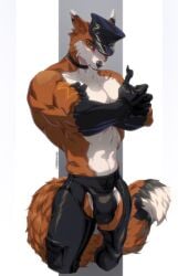2026 anthro biped bulge canid canine claws clothed clothed_anthro clothed_male clothing countershade_torso countershading detailed_bulge digital_drawing_(artwork) digital_media_(artwork) fingers fox front_view fur hair hat headgear headwear looking_at_viewer male mammal momobeda solo tail teeth