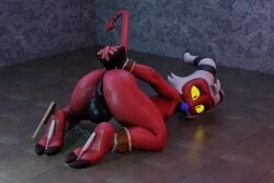 3:2 3d_(artwork) absurd_res anus ass ass_up backsack ball_gag balls big_balls big_butt bondage bound brinsar chained chains clothing cuff_(restraint) demon demon_humanoid digital_media_(artwork) feet femboy freckles gag gagged genitals gloves hair handcuffs hands_behind_back handwear hellaverse helluva_boss hi_res hooves horn humanoid imp looking_at_viewer looking_back male male_humanoid metal_cuffs moxxie_(helluva_boss) nude perineum red_body red_skin restraints shackles solo spade_tail submissive tail white_hair yellow_eyes yellow_sclera