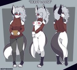 absurd_res anthro ass blep breasts canid canid_demon canine clothed clothing demon digital_media_(artwork) eyewear female fur furgonomics genitals glasses hair hellaverse hellhound helluva_boss hi_res looking_at_viewer loona_(helluva_boss) mammal mythological_canine mythological_creature mythology nerd nerdification nipple_piercing nipples piercing red_sclera simple_background smile solo tail the_man tongue tongue_out vulva white_body white_fur