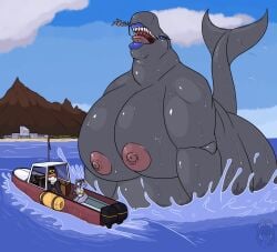 2021 anthro anthro_pred big_breasts blue_lipstick boat breasts cetacean closed_eyes cloud darkartist female female/female female_pred grey_arms grey_body grey_breasts grey_tail hi_res lipstick macro_pred makeup mammal marine oral_vore sea tail toothed_whale vehicle vore water watercraft