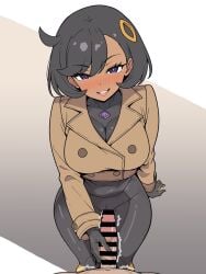 1boy 1girls ardens black_bodysuit black_gloves black_hair black_shoes blush bodysuit breasts brown_jacket censored cleavage dark-skinned_female dark_skin emma_(pokemon_legends:_z-a) gloved_handjob gloves grin handjob hashtag-only_commentary jacket light-skinned_male light_skin looking_at_viewer male_pov matiere_(pokemon) matiere_(pokemon_legends:_z-a) penis pokemon pokemon_legends:_z-a pov purple_eyes shoes short_hair simple_background skin_tight smile