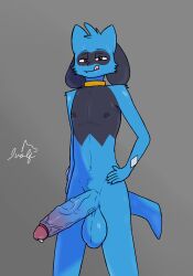 absurd_res anthro balls big_balls big_penis bodily_fluids canid cum femboy foreskin generation_4_pokemon genital_fluids genitals hi_res huge_balls huge_cock hyper hyper_balls hyper_genitalia hyper_penis ivolflobogris looking_at_viewer male mammal nintendo nude_anthro nude_male penis pokemon pokemon_(species) precum riolu saggy_balls simple_background small_but_hung smug solo tail thick_penis tongue tongue_out tune_(e-zoid) vein veiny_penis