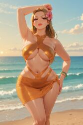 ai_generated arm_above_head armpits bangle beach belly_button blonde_hair criss-cross_halter earrings evening female flower_in_hair golden_hour hand_on_hip hibiscus large_breasts long_hair loose_hair midriff milf ocean ocean_background one_arm_above_head one_hand_on_hip orange_clothing rgomez007 sarong sideboob skindentation sky solo_female stable_diffusion swimsuit thick_lips thick_thighs underboob warm_lighting waves wide_hips