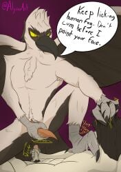 aarakocra_(dnd) absurd_res accipitriform anthro arnaut avian avian_arms avian_feet beak bird demanding_sex dialogue duo feather_tuft feathered_tail feathered_wings feathers feet foot_in_mouth foot_lick foot_suck genitals hair hi_res human humanoid_genitalia humanoid_penis licking lying male male/male mammal marciac masturbation nude osprey penis penis_size_difference pubes pulling_hair smug speech_bubble stepping_on_another stepping_on_chest sucking tail talking_to_another talking_to_partner talons tapering_penis toe_in_mouth toe_suck toes tongue touching_hair tuft unusual_anatomy unusual_genitalia unusual_penis wings