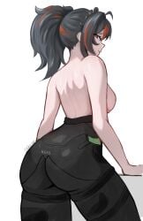 1girls ass booty butt_focus deser99 female female_only from_behind gray_hair half-dressed hoyoverse leggings light-skinned_female light_skin looking_at_viewer mihoyo no_penetration orange_eyes pale_skin rear_view round_ass round_butt solo tight_clothing tight_fit topless zenless_zone_zero zhu_yuan