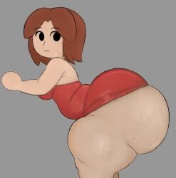 all_fours ass_bigger_than_breasts bending_over big_ass breasts brown_hair dress dress_lift fat_ass from_behind from_behind_position gray_background huge_ass mii mii_gunner mii_gunner_(smash_4) neutral_expression nintendo round_ass sashimilotus short_hair side_eye small_breasts super_smash_bros. sweatdrop sweating sweaty_ass sweaty_body thick_thighs thighs
