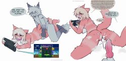 absurd_res animal_genitalia animal_penis anthro ass barely_visible_breasts bodily_fluids breasts canid canine canine_genitalia canine_penis capcutpussyboob casual_sex collar cum cum_from_vagina cum_in_vagina cum_inside cum_string dialogue domestic_cat duo ear_piercing erection eyewear felid feline felis female fox from_behind_position fur gaming genital_fluids genitals glasses hair heart_symbol hi_res hips_grab hug hugging_object hugging_pillow knot knotted_penis leaking_cum lying male male/female mammal musk musk_cloud nonchalant nubby's_number_factory nude on_front open_mouth penis piercing pillow playing_video_game pregnancy_risk pregnancy_test raised_tail rambling rambling_sex rear_view scar screencap sex speech_bubble spread_legs spreading steam_deck sweat tail tail_wrapped_around_body trans_(lore) trans_woman_(lore) turning_back valve_corporation valve_hardware vein veiny_knot watermark wearing_glasses