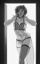 1girls 2026 :d ahoge animal_ears background bangs belly belly_button black_and_grey black_and_white blush blushing_at_viewer blushing_female blushing_lines boxes bra choker dark_hair doorframe doorway female front_view front_view_female glasses glasses_on_face greeting greeting_viewer hair hair_between_eyes hips legs_crossed light_from_behind lingerie lingerie_bra lingerie_only lingerie_panties looking_at_viewer midriff mole nervous nervous_female nervous_smile oc original_character otter_humanoid otter_tail pov small_breasts solo spiky_hair standing stockings stockings_thigh_highs tail underwear underwear_only valentine's_day