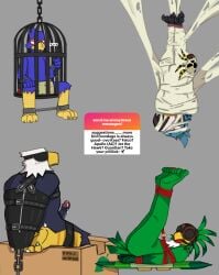 absurd_res accipitrid accipitriform animal_crossing anthro apollo_(animal_crossing) arachnid armbinder arthropod avian bald_eagle ball_gag belt binder_(restraint) bird birdcage blindfold bodily_fluids bondage bondage_gear bound box breath_of_the_wild container digital_media_(artwork) eagle erection falco_lombardi falcon falconid feathers feet gag genital_fluids genitals group hi_res hood jet_the_hawk kass_(tloz) kneeling male mrpawpaw nails ngl nintendo penis precum restraints rito sea_eagle sega simple_background skulltula sonic_(series) sonic_riders sonic_the_hedgehog_(series) spider star_fox text the_legend_of_zelda