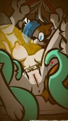 anthro anus blue_eyes blue_hair bodily_fluids book breasts brown_body brown_fur canid canine canis domestic_dog eye_through_hair female fur genital_fluids genitals hair heart_symbol hi_res husky inner_ear_fluff lamp mammal mostly_nude nel'i_(wub) nipples nordic_sled_dog reading reading_book sex signature solo spitz surprise_sex surprised tentacle text translucent translucent_hair tuft url vaginal_fluids vulva watermark white_body white_fur wub_(artist)