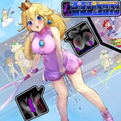 2girls @_@ bare_shoulders blonde_hair blue_eyes blue_gem blush bowser breasts chest_jewel commentary_request dildo dress earrings egg_vibrator female_ejaculation gem goomba high_ponytail highres jewelry koopa koopa_troopa lakitu lakitu's_cloud large_breasts long_hair mario mario_(series) mario_tennis monikano motion_lines multiple_girls nintendo nipple_stimulation object_insertion pink_dress ponytail princess_daisy princess_peach pussy_juice sex_toy solo_focus sphere_earrings tennis_ball tennis_racket trembling vaginal_object_insertion vaginal_penetration vibrator