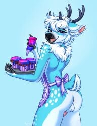 2024 anthro anus apron apron_only ass balls black_horn blue_background blue_body blue_fur clothing colored cupcake deer digital_drawing_(artwork) digital_media_(artwork) food fur genitals hair half-closed_eyes hi_res holding_object horn konejo looking_at_viewer looking_back looking_back_at_viewer male mammal narrowed_eyes open_mouth open_smile penis pink_anus pink_penis purple_apron purple_clothing rear_view shaded short_tail simple_background smile solo standing tail white_body white_fur white_hair