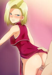 android_18 ass back bare_arms bare_legs blonde_hair blue_eyes blush bob_cut breasts censored china_dress chinese_clothes clothed_female_nude_male cum cum_in_pussy dragon_ball dragon_ball_z dress earrings female gradient_background highres hoop_earrings kaiga legs looking_back mosaic_censoring no_panties parted_lips penis pussy_juice sex short_hair simple_background sleeveless smile solo_focus standing thighs vaginal_penetration wet