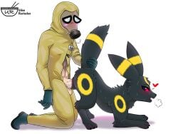 animal_genitalia animal_vulva ass_up av8r bent_legs black_body black_fur blush bodily_fluids canine_genitalia canine_vulva clothing doggy_style duo eeveelution female female_penetrated feral from_behind_position fur gas_mask generation_2_pokemon genital_fluids genitals gloves handwear hi_res human human_on_feral interspecies male male/female male_penetrating male_penetrating_female mammal mask multicolored_body name_tag nintendo penetration penis pokemon pokemon_(species) radiation_suit raised_tail red_eyes sex shadow side_view simple_background sweat tail tail_grab udon_restocker umbreon vaginal_fluids vaginal_penetration white_background zoophilia