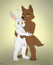 anthro barry_o'hera brawn_wyers brown_body brown_fur buckteeth canid canine canis doomlazy27 duo front_view fur genitals hi_res hug hugging_another humanoid_genitalia humanoid_penis lagomorph leporid looking_at_viewer lovers_moment male male/male mammal mouth_closed navel nude penis rabbit red_eyes simple_background standing tail teeth white_body white_fur wolf yellow_sclera
