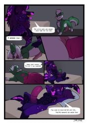 absurd_res animal_genitalia animal_penis anthro bedroom canid canine canine_genitalia canis celestial_being chubbyjam cock_transformation collar comic domestic_dog duo equine_genitalia equine_penis feathers feral fur futanari genitals green_body green_fur gynomorph hair hi_res hybrid intersex lady_kettuna male mammal orange_eyes penis portal purple_body purple_fur speech_bubble transformation unboltedcanine_(character) unknown_species werecock white_hair willing_prey