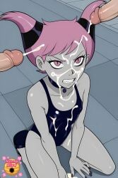 ai_generated angry angry_expression angry_eyes angry_face artist_logo black_swimsuit black_swimwear bukkake collarbone cum cum_on_body cum_on_face cum_on_swimsuit cumdrip cumdripping cumshot dc dc_comics dcau dcu facial high_resolution highres hunnyhive(artist) jinx_(dc) jinx_(teen_titans) kneeling kneeling_female kneeling_on_ground looking_up multiple_penises nails_painted oerba_yun_fang one-piece_swimsuit pink_eyes pink_hair pink_hair_female swimsuit teen_titans warner_bros warner_brothers