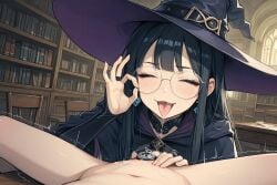 1boy 1girls ai_generated black_hair chastity_cage circular_glasses closed_eyes clothed_female_nude_male fellatio_gesture flat_chastity_cage glasses handjob_gesture long_hair precum precum_through_chastity_cage saliva saliva_string saliva_trail shar_(yapsharlene) teasing teasing_chastity tongue_out witch_costume witch_hat