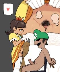 1boy 1girls before_sex bondage brown_hair cap completely_nude dress dress_lift erect_penis femdom inviting lewdfish lewdsaka looking_at_pussy luigi mario_(series) moustache naked no_panties nude_male_clothed_female penis_out princess_daisy pubic_hair restrained restrained_arms skirt_lift skirt_up super_mario_bros. teasing thigh_gap upskirt