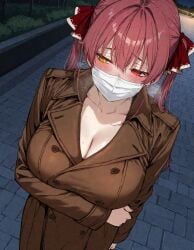 1girls ai_generated blush coat embarrassed exhibitionism face_mask heterochromia hololive hololive_japan houshou_marine humiliation humiliation_fetish light-skinned_female light_skin looking_away outside public_indecency public_nudity steam steamy_breath sweat sweatdrop underdog454545 virtual_youtuber vtuber