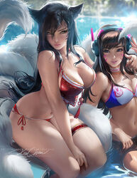 2girls ahri big_breasts bikini bra breasts cleavage crossover d.va female female_only large_breasts league_of_legends looking_at_viewer medium_breasts overwatch sakimichan vastaya