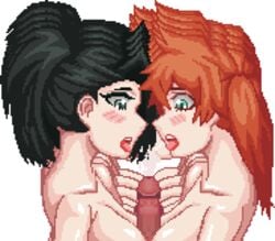 2girls animated black_hair blush bouncing_breasts breast cum cumshot double_paizuri faceless_male female gif itsuka_kendou kendou_itsuka kissing long_hair male_out_of_frame momo_yaoyorozu multiple_girls my_hero_academia nude orange_hair paizuri penis pixel_art pov side_ponytail smile teamwork thetz transparent_background yaoyorozu_momo