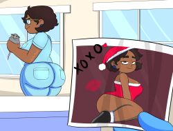 1girls artist_name ass ass_shot big_ass blue_pants blue_shirt bootiehound bottom_heavy bottom_heavy_female bottomwear brown_eyes brown_hair bubble_ass bubble_butt camila_noceda child_bearing_hips dark-skinned_female dark_skin disney dress eyewear female female_focus glasses hair half-closed_eyes hamter hat headwear holding_object huge_ass latina lipstick_mark mature mature_female mature_woman milf mother nurse nurse_uniform pants partially_clothed partially_clothed_female photo photo_(object) red_dress santa_hat shirt short_dress smile solo_focus text the_owl_house topwear uniform when_you_see_it wide_hips