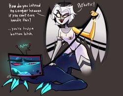 angel angel_wings blush breasts claws cock cyan_eyes degradation dominant_female femdom hazbin_hotel humiliation leash_and_collar lipstick lute_(hazbin_hotel) male no_background pathetic_male pegging penis pierced_nipples scratches sketch smirking_at_partner strap-on submission submissive_male sweatdrop text vox_(hazbin_hotel) yellow_eyes