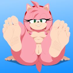 amy_rose anthro ass bare_hands barefoot blue_background breasts cardboardsoda digital_media_(artwork) eulipotyphlan eyelashes feet female fingernails foot_fetish genitals green_eyes hedgehog legs_up looking_at_viewer mammal nails narrowed_eyes nipples nude nude_female pink_body pink_nipples pixel_(artwork) sega simple_background sitting smile smiling_at_viewer smirk smirking_at_viewer solo sonic_(series) sonic_the_hedgehog_(series) tail tan_body tan_skin vulva