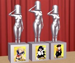 2023 3d 3d_(artwork) 3girls asfr breasts bullet_man cropped curtains defeated display higher_resolution_at_source himiko_toga humiliation identity_death koikatsu large_breasts metal_body metal_transformation midnight_(my_hero_academia) my_hero_academia naked naked_female pedestal petrification portrait_(object) post-transformation request salute same_pose stage statue stuck_in_object trophy utsushimi_camie