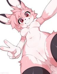 2025 5_fingers absurd_res anthro areola artist_name big_ears biped black_clothing black_ear_tips black_legwear black_thigh_highs blush blush_lines breasts chest_tuft clothing digital_media_(artwork) dipstick_ears ear_markings eyebrows eyelashes female female_anthro fingerpads fingers fur genitals gesture glistening glistening_genitalia glistening_vulva gloves_(marking) hand_gesture hi_res inner_ear_fluff lagomorph legwear leporid looking_at_viewer low-angle_view mammal markings medium_breasts mostly_nude mostly_nude_anthro mostly_nude_female muffyteru multicolored_body multicolored_ears multicolored_fur navel nipples pawpads pink_areola pink_body pink_fur pink_nipples pink_pawpads pink_tail purple_nose rabbit simple_background smile smiling_at_viewer solo tail teeth text thigh_highs thigh_highs_only tuft two_tone_body two_tone_fur v_sign vulva white_background white_body white_eyebrows white_fur white_inner_ear_fluff