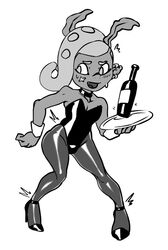 1boy 1femboy 2018 absurdres bottle bulge bunnysuit bunnysuit_bulge combos-n-doodles crossdressing elite_octoling embarrassed femboy feminine_male girly high_heels looking_back male male_only monochrome octarian octoling octoling_boy old_art otoko_no_ko plate seaweed smooth_skin splatoon splatoon_2 takoko_yakisoba_(combos_&_doodles) thick_thighs trap wide_hips wine wine_bottle