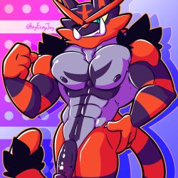 abs anthro biceps big_muscles digital_media_(artwork) felid fizzyjay flexing fur gaogaen generation_7_pokemon genitals hi_res incineroar looking_at_viewer male mammal muscular muscular_anthro muscular_male nintendo nipples nude pecs penis pokemon pokemon_(species) red_body red_fur simple_background smile solo tail teeth
