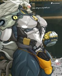 2026 abs ambiguous_species android anthro balls banyue_(zenless_zone_zero) baoding_balls barely_contained barely_contained_penis becoming_erect big_muscles big_pecs blush bodily_fluids bulge canid clothed clothing detailed_bulge dialogue digital_drawing_(artwork) digital_media_(artwork) duo erection felid genitals glans hair hi_res holding_object humanoid_genitalia humanoid_penis lion looking_at_genitalia machine male mammal mihoyo muscular muscular_male muscular_thighs nipples pantherine pecs penis robot robot_anthro size_difference solo speedo speedo_only sweat swimwear tail tenting topless vein veiny_penis wolfblack43 ych_(character) zenless_zone_zero