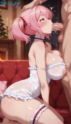 1boy ahoge ai_generated bare_shoulders blush breasts bridal_garter choker christmas christmas_tree cleavage clothed_female_nude_male couch cum cum_in_mouth dress erection fellatio female frilled_choker frills from_side hair_ribbon hand_on_another's_head indoors irrumatio kneeling large_breasts male_pubic_hair night nightgown nipples oral penis philuffy_aingram pink_hair pubic_hair red_ribbon ribbon saijaku_muhai_no_bahamut saliva saliva_trail see-through short_hair sitting skarai solo_focus straight strap_slip tearing_up tears testicles thighs trembling twintails uncensored veiny_penis white_dress yellow_eyes