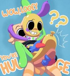 2025 animate_inanimate anthro balloon balls blush blushcrunch_studio bound claws clothing comparing comparing_penis dandy's_world digital_media_(artwork) duo erection four-pundo fur genitals goob_(dandy's_world) hi_res holding_up_other_character humanoid inflatable looey_(dandy's_world) male male/male mammal penis roblox smile tail text toon_(dandy's_world) wrapped